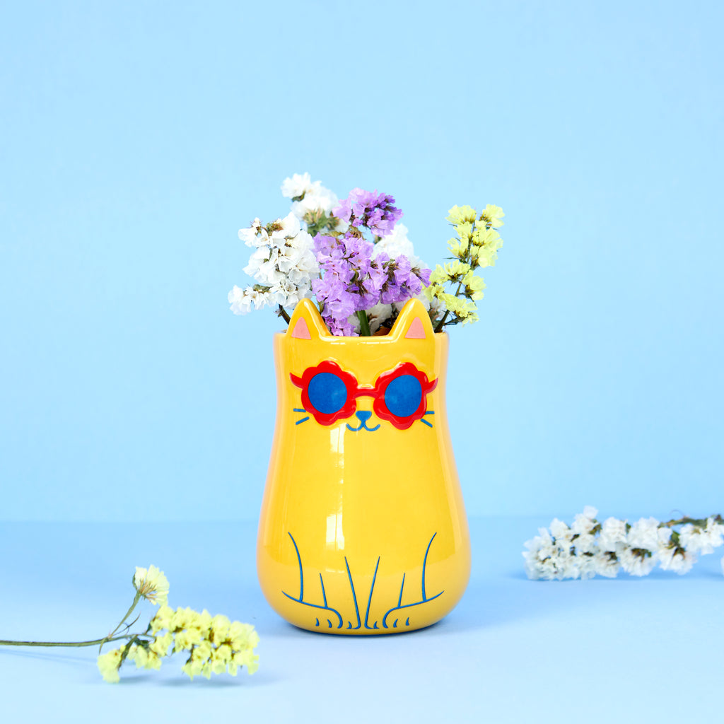 balvi-cool-cat-vase-c-ramique-chat-jaune-lunettes image 2